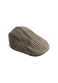 Czapka w kratę houndstooth w odcieniach szaro-brązowych z bordowymi akcentami, z zaokrągloną koroną i małym, wygiętym daszkiem. Wykonana z teksturowanej tkaniny.