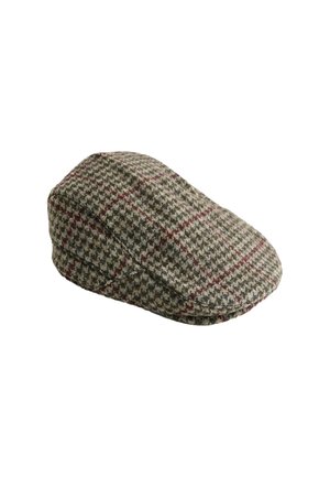 Czapka w kratę houndstooth w odcieniach szaro-brązowych z bordowymi akcentami, z zaokrągloną koroną i małym, wygiętym daszkiem. Wykonana z teksturowanej tkaniny.