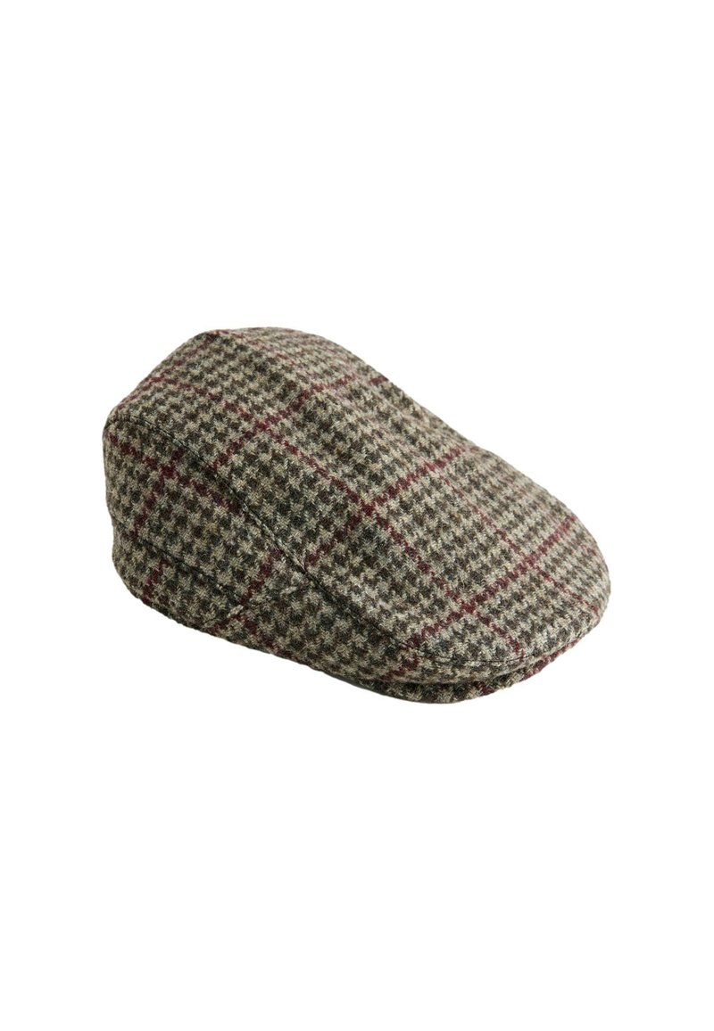 Czapka w kratę houndstooth w odcieniach szaro-brązowych z bordowymi akcentami, z zaokrągloną koroną i małym, wygiętym daszkiem. Wykonana z teksturowanej tkaniny.