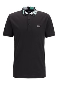 Černé polo tričko s vzorovaným límcem v mátové, černé a bílé barvě. Obsahuje tříknoflíkovou légou a malé vyšívané logo na hrudi.