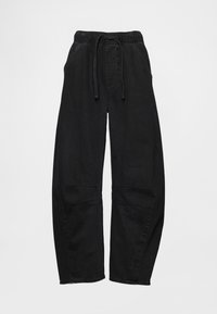 Pantaloni in denim nero con vita elastica, coulisse e tasche laterali. Presentano una vestibilità larga e dettagli a pannello a contrasto sulle ginocchia.