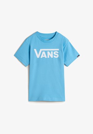 Lichtblauwe katoenen t-shirt met korte mouwen, met een groot wit 'VANS' logo op de voorkant en een klein logo-label aan de zijkant.