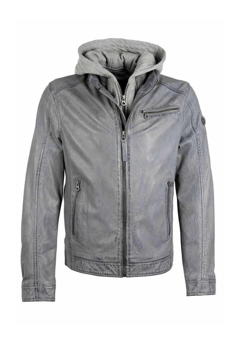 Grijze leren jas met een ritssluiting, afneembare grijze capuchon en twee zijzakken met rits. Heeft stiksel details en een borstzak met rits.