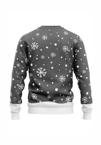 Grauer Pullover mit strukturiertem Strickmuster, das weiße Schneeflocken und Punkte zeigt. Gerippte weiße Bündchen und Saum sorgen für einen Kontrast.