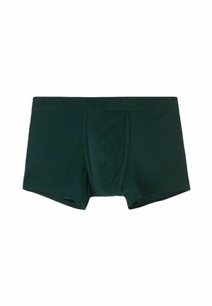 Tmavě zelené bavlněné trenýrky s hladkým povrchem, elastickým pasem a tvarovanou kapsou pro podporu. Jednoduchý design, bez viditelných vzorů nebo akcentů.