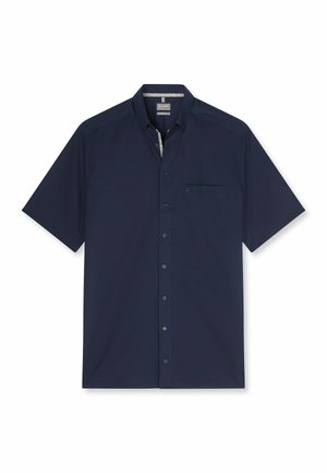 Chemise bleu marine à manches courtes avec boutons sur le devant, une poche poitrine et un détail subtil à motif à l’intérieur du col.