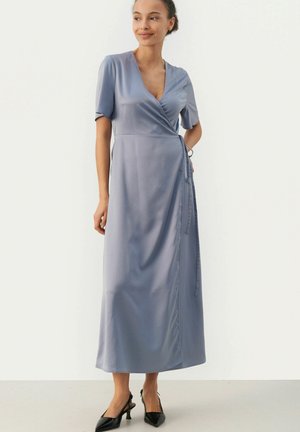 Light blue satin wrap dress with short sleeves, V-neckline, and side tie detail. Features a floor-length design and smooth texture.