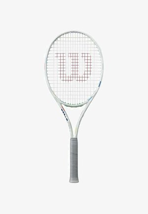 Tennis racket with a white frame, a gray textured grip, and red "Wilson" logo on the string bed. Features a standard oval shape and mesh strings.