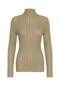 Beige ribbet striktrøje med høj hals, lange ærmer og tætsiddende silhuet på en hvid baggrund.