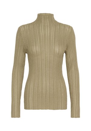 Beige ribbed knit turtleneck sweater with long sleeves and a fitted silhouette on a white background.