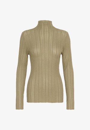 Beige gestreifter Pullover mit Rollkragen, langen Ärmeln und taillierter Silhouette auf weißem Hintergrund.