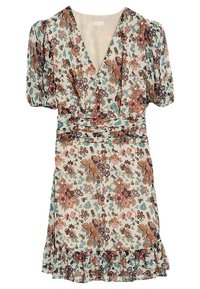 Floral dress made of lightweight fabric, featuring a deep V-neck, short puff sleeves, ruched waist, and a ruffled hem in pastel colors.