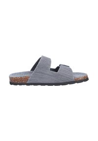 Infradito in rete grigia con due ampie fasce, soletta in sughero e suola in gomma nera. Presenta una superficie texturizzata e un design aperto sul retro.