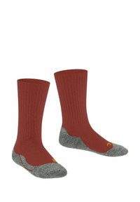 Czerwone skarpetki z prążkowanym wzorem, z szarymi wzmocnieniami w okolicach palców i pięty. Posiadają subtelne logo w kolorze żółtym, podkreślające trwałość i komfort.