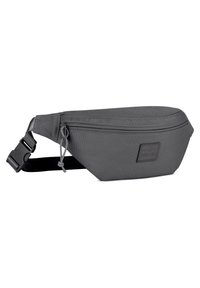 Borsa vita in tessuto grigio con chiusura a zip, design piatto, tracolla regolabile e patch con logo sul davanti. Texture liscia e stile minimalista.