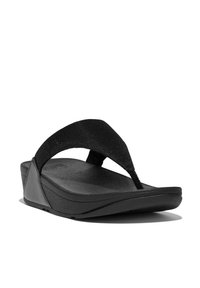 Zwarte flip-flop sandaal met een glanzende stoffen band en een gestructureerde zool. Heeft een gevormde voetbed voor comfort en een slanke uitstraling.