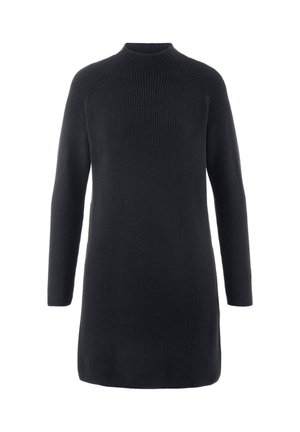 Zwart gebreid jurkje met een opstaande kraag, lange mouwen en geribbelde textuur, met een ontspannen pasvorm en een lengte tot halverwege de bovenbenen.