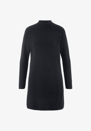 Schwarzes gestricktes Kleid mit Stehkragen, langen Ärmeln und gerippter Textur, das eine lockere Passform und eine Länge bis zur Mitte des Oberschenkels hat.
