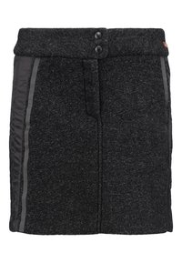 Falda negra con tejido texturizado, dos botones frontales y detalles en paneles laterales en gris con acabado liso. Diseño de longitud media.