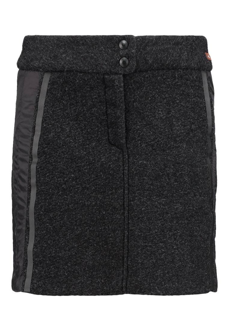 Falda negra con tejido texturizado, dos botones frontales y detalles en paneles laterales en gris con acabado liso. Diseño de longitud media.