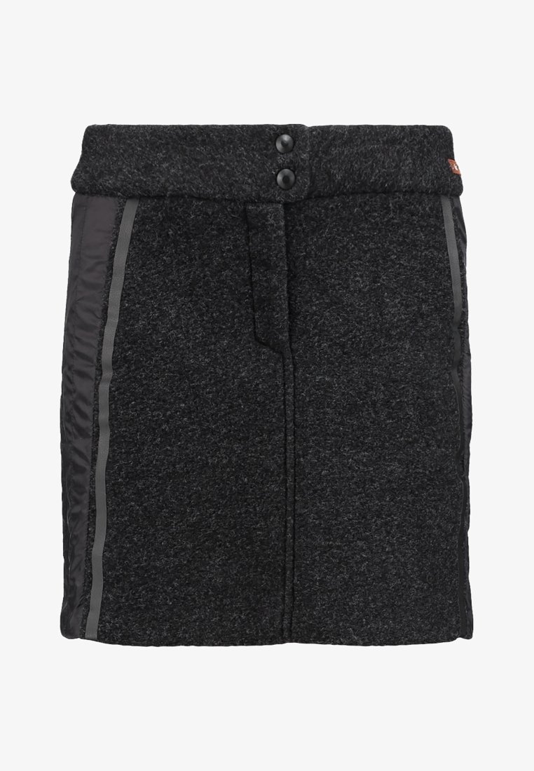 Falda negra con tejido texturizado, dos botones frontales y detalles en paneles laterales en gris con acabado liso. Diseño de longitud media.