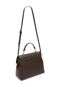 Brown leather handbag with a structured shape, featuring a top handle and a detachable shoulder strap. Gold-tone hardware accents.