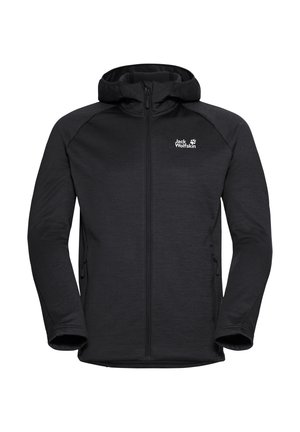 Schwarze Fleecejacke mit Kapuze, ausgestattet mit einem durchgehenden Reißverschluss, zwei Seitentaschen und subtiler Textur. Logo auf der oberen linken Brustseite angebracht.