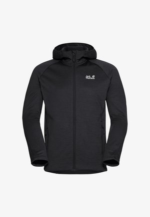 Zwarte fleecejack met capuchon, voorzien van een volledige rits aan de voorkant, twee zijzakken en een subtiele textuur. Logo geplaatst op de linkerbovenborst.