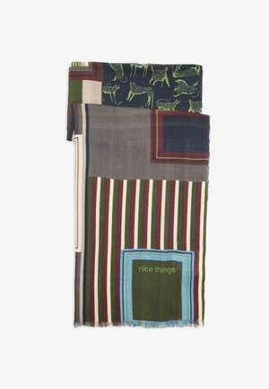 Bufanda estampada con varios colores: azul oscuro, verde, burdeos y crema. Destaca por sus estampados combinados, rayas y textura suave.