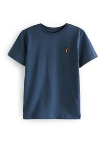 T-shirt di cotone blu navy con maniche corte e scollo a costine, con un piccolo ricamo giallo a forma di aragosta sul lato sinistro.