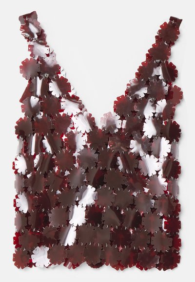 V-neck top made of overlapping, shiny, burgundy petals, connected with silver hardware, featuring a textured surface and lightweight design.