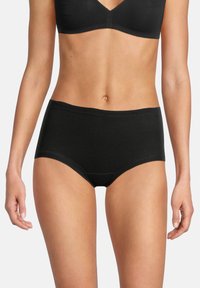 Mutande nere a vita alta realizzate in un tessuto morbido, con un design senza cuciture e una larga fascia elastica in vita.