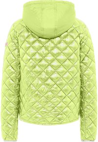 Gequiltde, capuchonjack in fel limoengroen, met een glanzende, reflecterende afwerking. Inclusief diamantpatroon en ribgebreide manchetten.