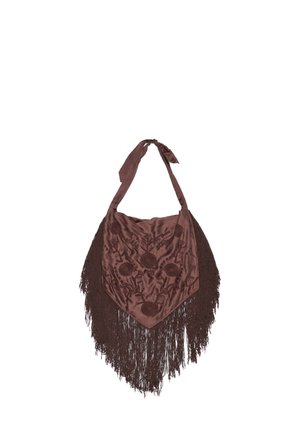 Brązowy jedwabny szalik z kwiatowym haftem i długimi frędzlami, o trójkątnym kształcie i troczkach do bezpiecznego noszenia.