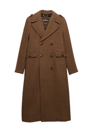 Brown herringbone-patterned wool overcoat with a double-breasted design, large lapels, two front pockets, and gold-tone buttons.