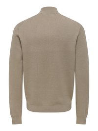 Pull beige en maille avec un col montant, des manches longues et des poignets côtelés. Texture lisse et silhouette ajustée sans motifs visibles.