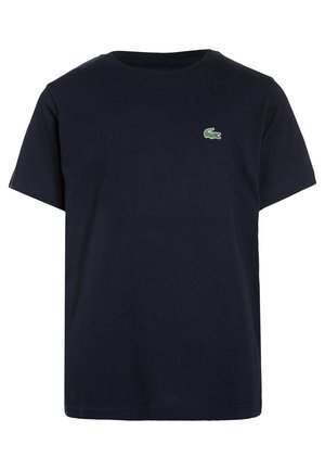 Camiseta de algodón azul marino de manga corta con cuello redondo y pequeño logo de cocodrilo verde en el pecho izquierdo.