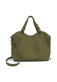 Sac fourre-tout en cuir vert olive avec deux poignées supérieures et une bandoulière amovible, doté d'une surface texturée et de finitions en métal argenté.