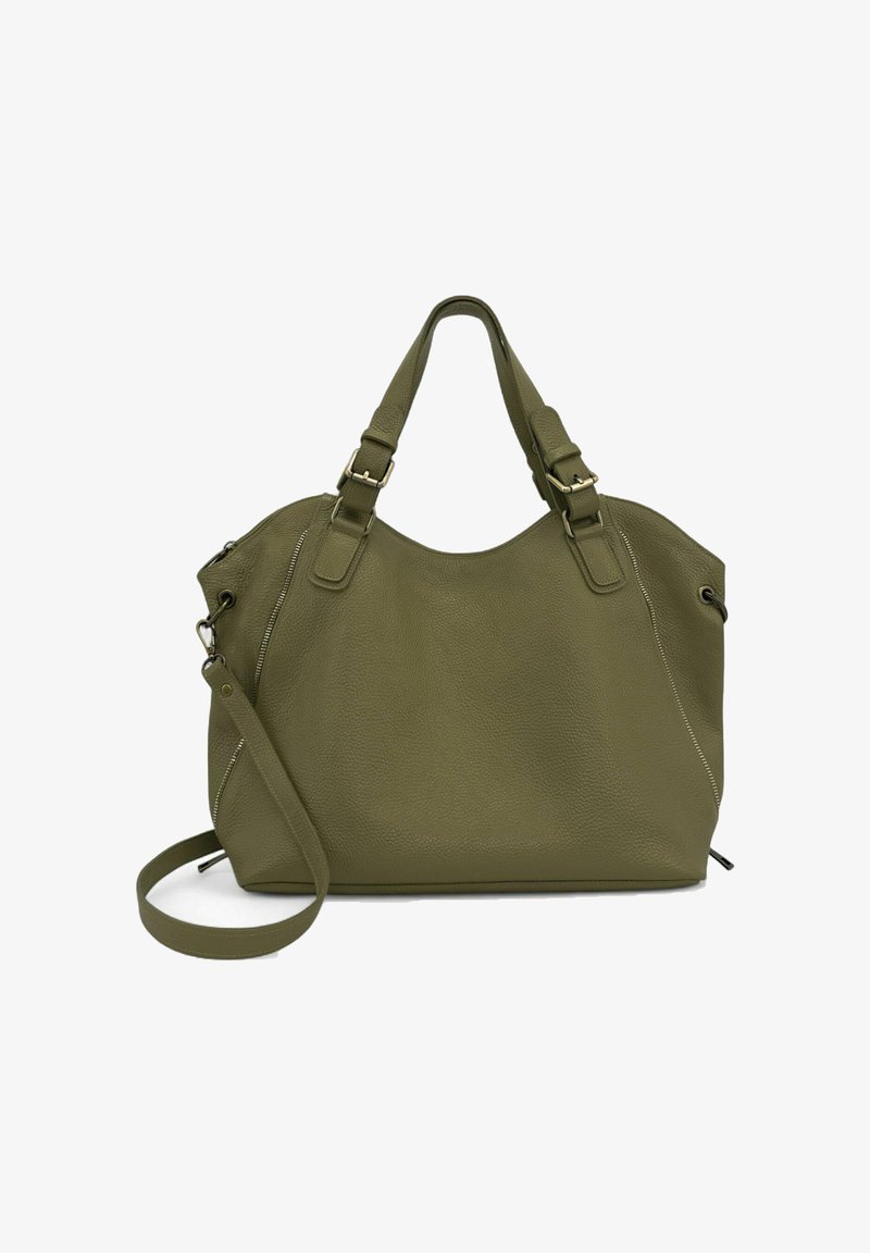 Sac fourre-tout en cuir vert olive avec deux poignées supérieures et une bandoulière amovible, doté d'une surface texturée et de finitions en métal argenté.