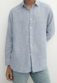 Blauw-wit gestreepte overhemd met lange mouwen, een klassieke kraag en knoopsluiting aan de voorkant, gedragen met lichtblauwe jeans.