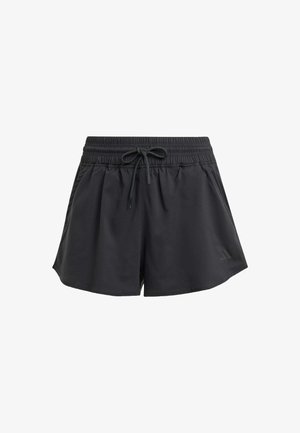 Svart treningshorts med elastisk midje, indre snor og sidelommer. Laget av et glatt, lett stoff.