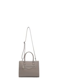 Borsa a tracolla in pelle grigia con un design strutturato, manici superiori doppi, tracolla staccabile e una tasca frontale con zip e finiture dorate.