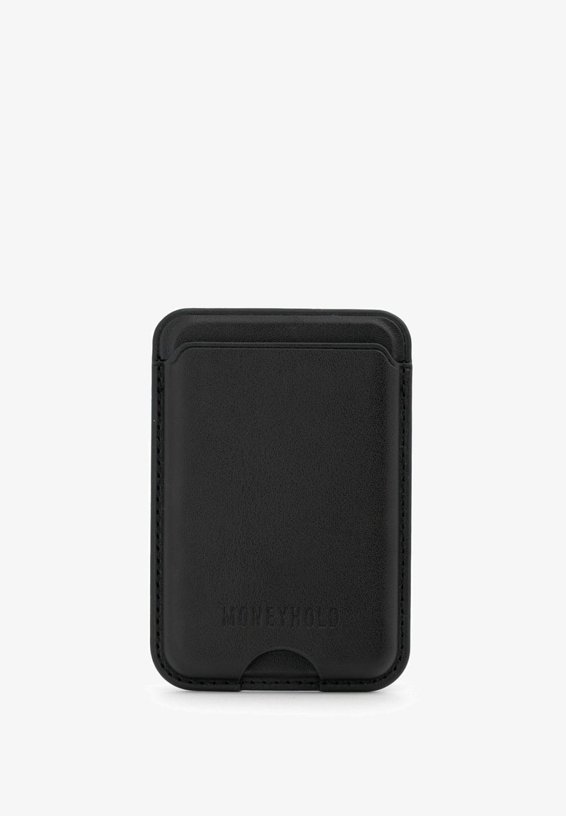 Zwarte leren kaarthouder met een gestructureerd oppervlak, ronde hoeken en een uitsparing aan de onderkant. Voorzien van een reliëflogo aan de voorkant.