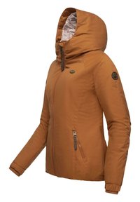 Brązowa kurtka zapinana na zamek z kapturem, z wzorzystą podszewką, elastycznymi mankietami i boczną kieszenią na zamek. Zewnętrzny materiał wydaje się gładki.