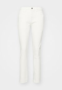 Pantalones blancos elásticos de corte ajustado, con cierre de botón frontal y cinco bolsillos. Textura suave con diseño liso.