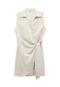Lichtbeige zonder mouwen top met een kraag, wikkelstijl ontwerp en een geknoopte strik rond de taille. Zacht, textuurstof met een gladde afwerking.