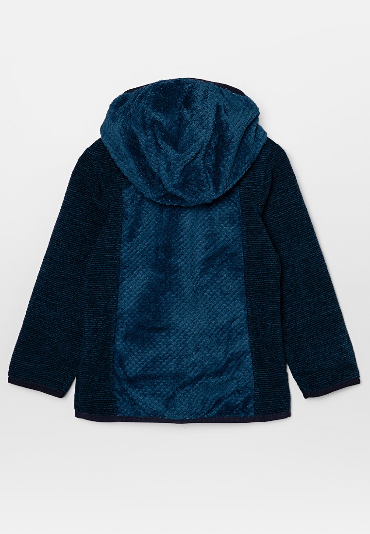 Marineblauer Fleecejacke mit strukturiertem Rücken, Kapuze und glatten Ärmeln. Verfügt über eine weiche, plüschige Oberfläche und elastische Bündchen.