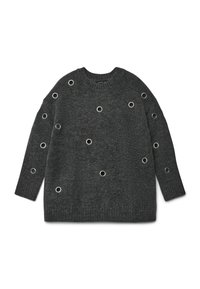 Maglione lavorato a maglia grigio scuro con dettagli a occhio circolare sparsi sul davanti, scollo rotondo e maniche lunghe.