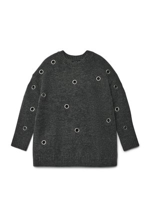 Maglione lavorato a maglia grigio scuro con dettagli a occhio circolare sparsi sul davanti, scollo rotondo e maniche lunghe.