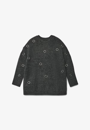 Dunkelgrauer Strickpullover mit rundem Halsausschnitt und langen Ärmeln, der über die Vorderseite verstreute runde Lochdetails aufweist.